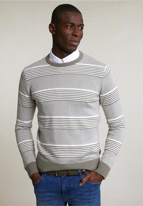 Custom Fit Cotton Striped Crew Neck Pullover Lt Safari Green Mix - Groen
