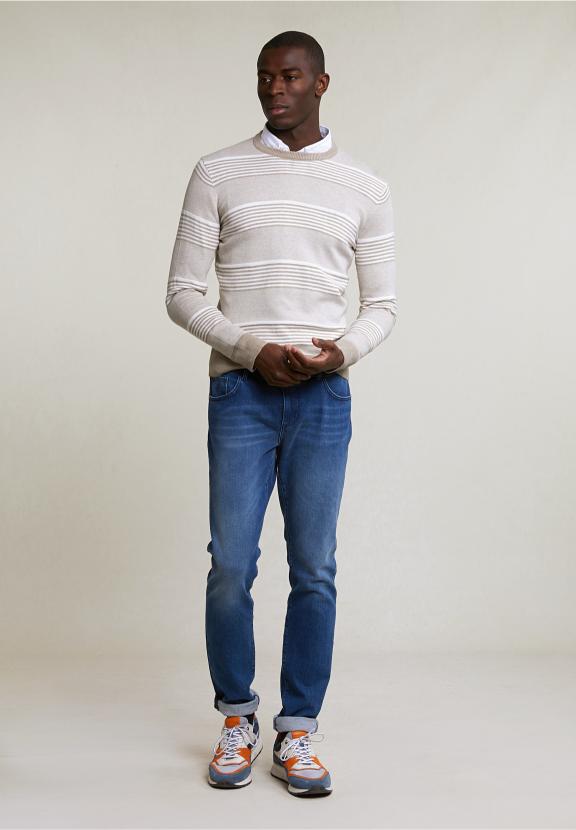 Custom Fit Cotton Striped Crew Neck Pullover Old Wood Mix - Beige