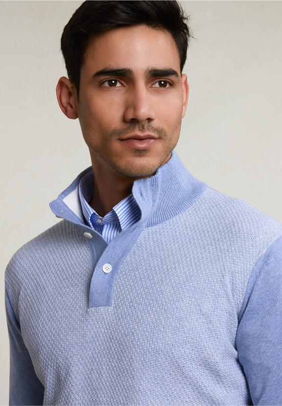 Custom Fit Cotton Mock Neck Pullover Dk Seashore Mix - Blauw