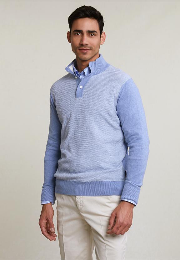 Custom Fit Cotton Mock Neck Pullover Dk Seashore Mix - Blauw