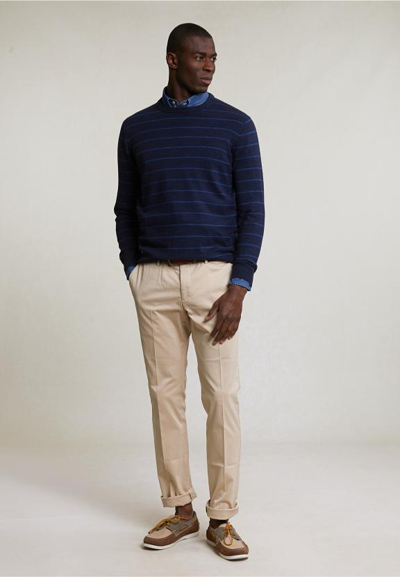 Custom Fit Striped Cotton Crew Neck Sweater Navy Mix - Blauw