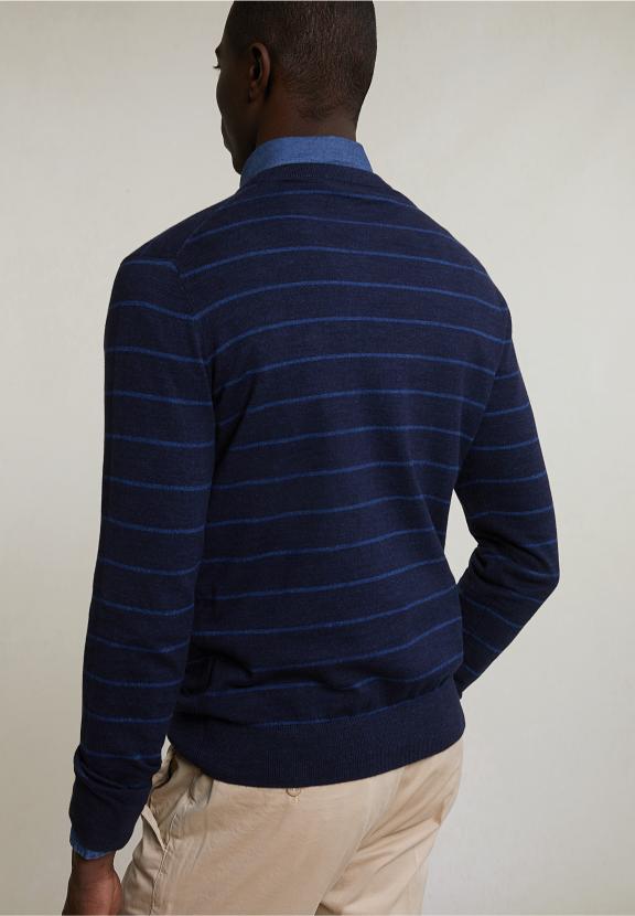 Custom Fit Striped Cotton Crew Neck Sweater Navy Mix - Blauw
