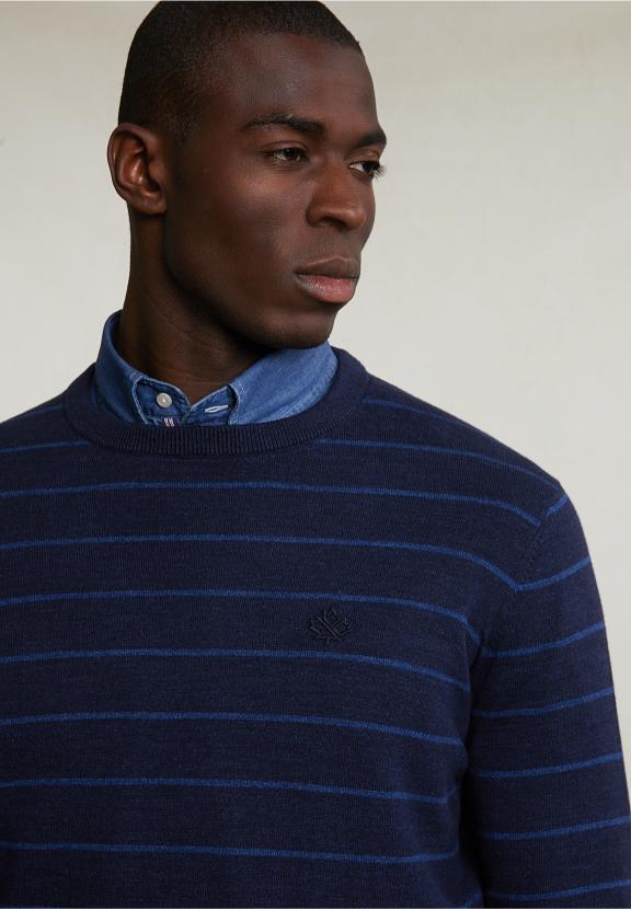 Custom Fit Striped Cotton Crew Neck Sweater Navy Mix - Blauw