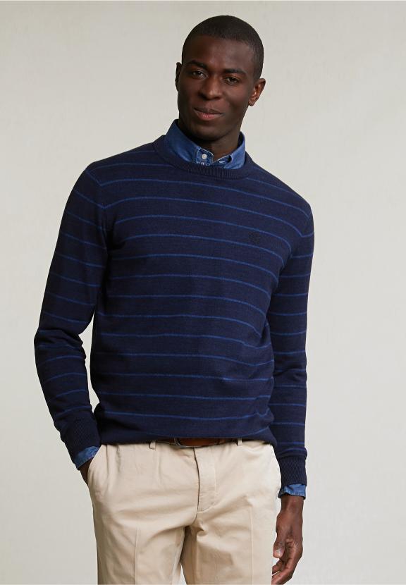 Custom Fit Striped Cotton Crew Neck Sweater Navy Mix - Blauw