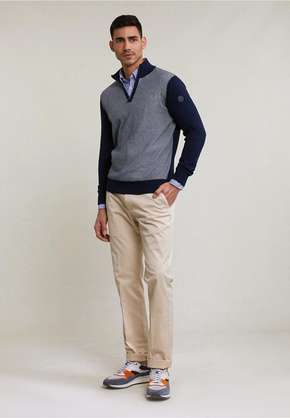 Custom Fit Cotton Mock Neck Sweater Navy - Blauw