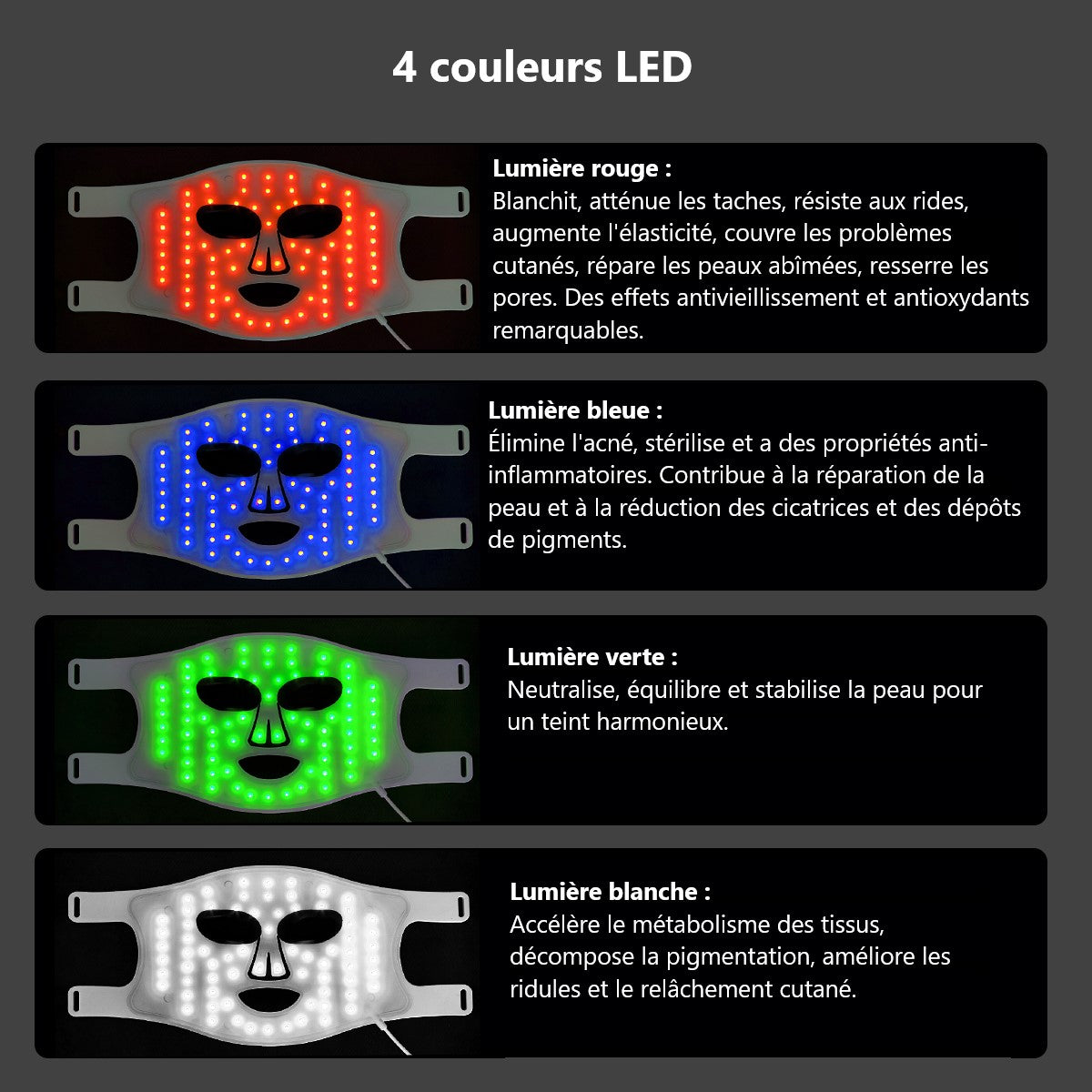 Led Gezichtsmasker Lichttherapie 4 Kleuren - Wit