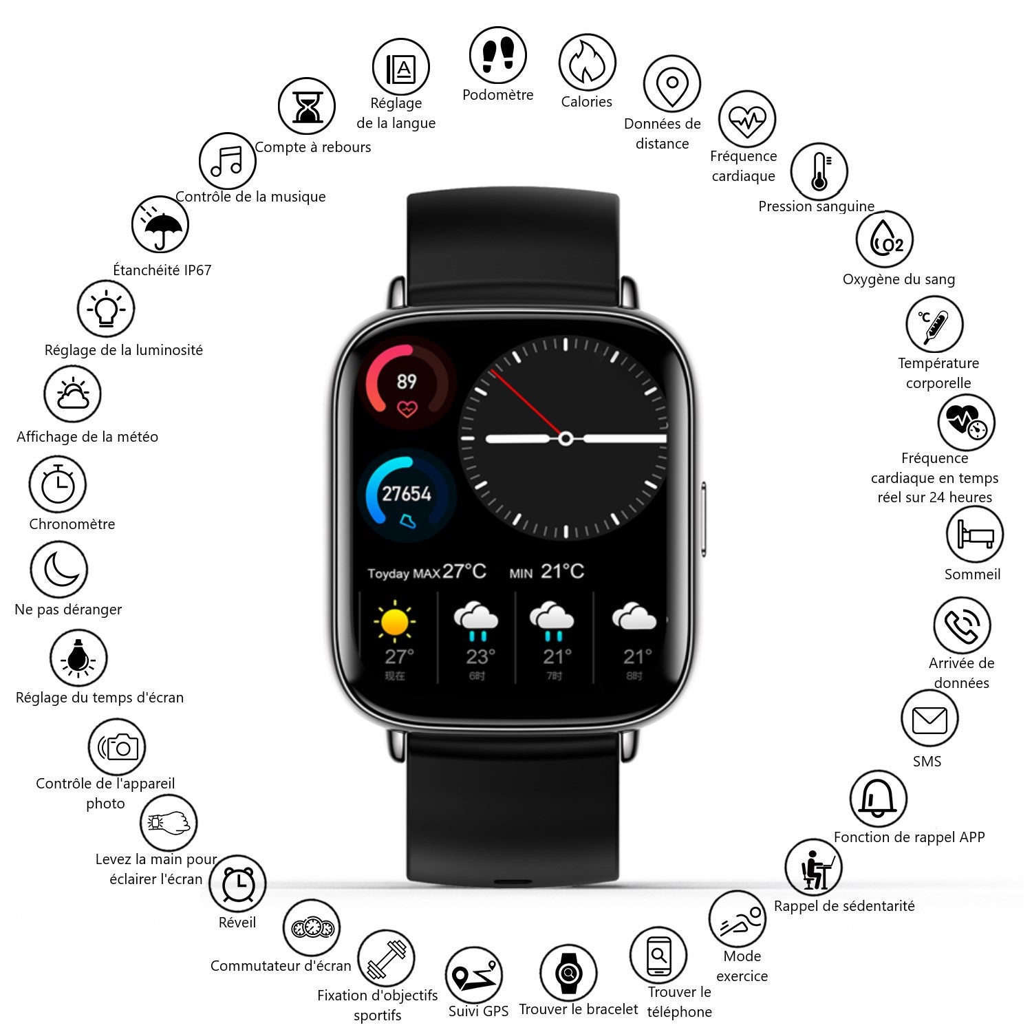 Multifunctioneel Horloge - Zwart