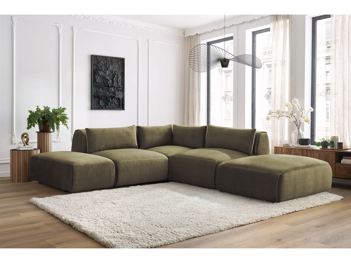 Modulaire vaste hoekbank JEANNE fluwelen stof met 2 chauffeuses, 1 hoek en 2 poefs