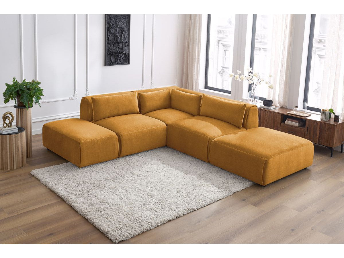 Modulaire vaste hoekbank JEANNE fluwelen stof met 2 chauffeuses, 1 hoek en 2 poefs