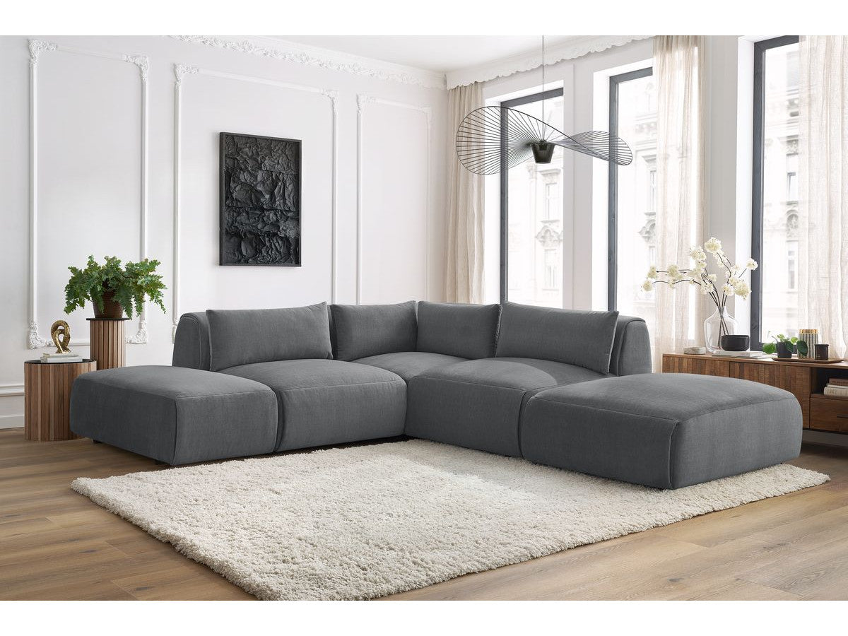 Modulaire vaste hoekbank JEANNE fluwelen stof met 2 chauffeuses, 1 hoek en 2 poefs
