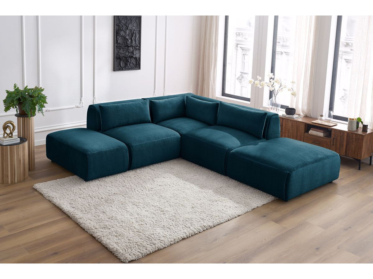 Modulaire vaste hoekbank JEANNE fluwelen stof met 2 chauffeuses, 1 hoek en 2 poefs