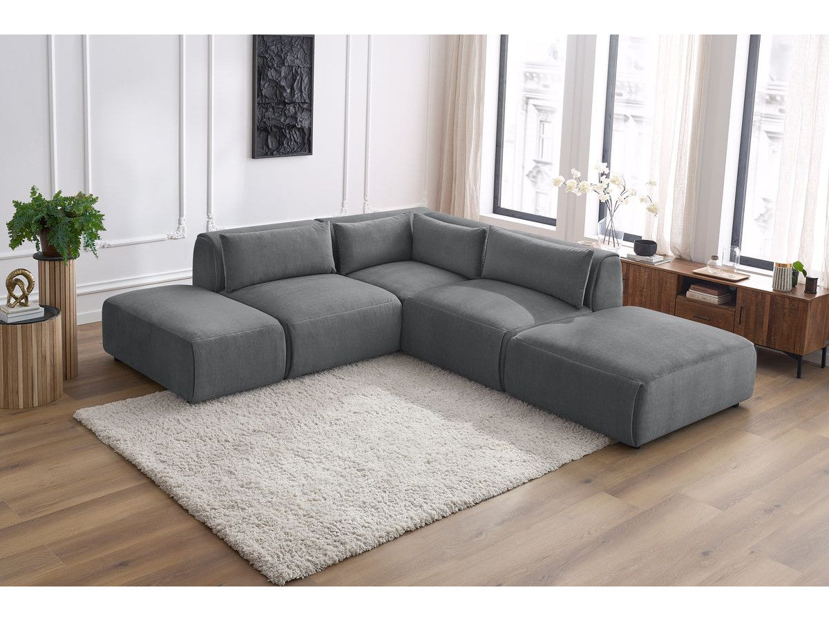 Modulaire vaste hoekbank JEANNE fluwelen stof met 2 chauffeuses, 1 hoek en 2 poefs