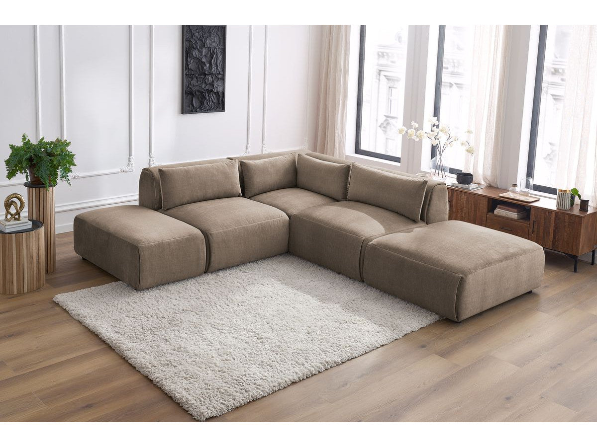 Modulaire vaste hoekbank JEANNE fluwelen stof met 2 chauffeuses, 1 hoek en 2 poefs