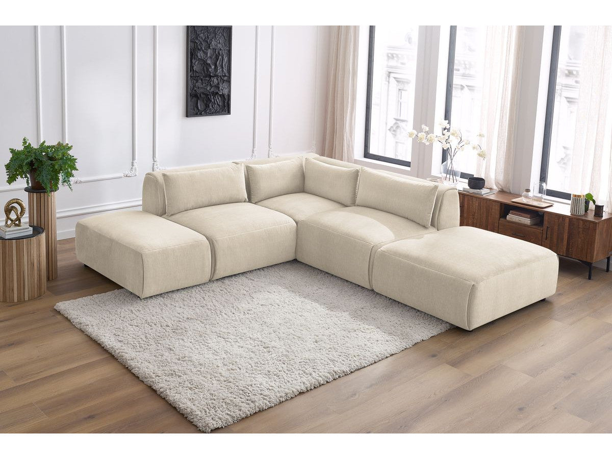 Modulaire vaste hoekbank JEANNE fluwelen stof met 2 chauffeuses, 1 hoek en 2 poefs
