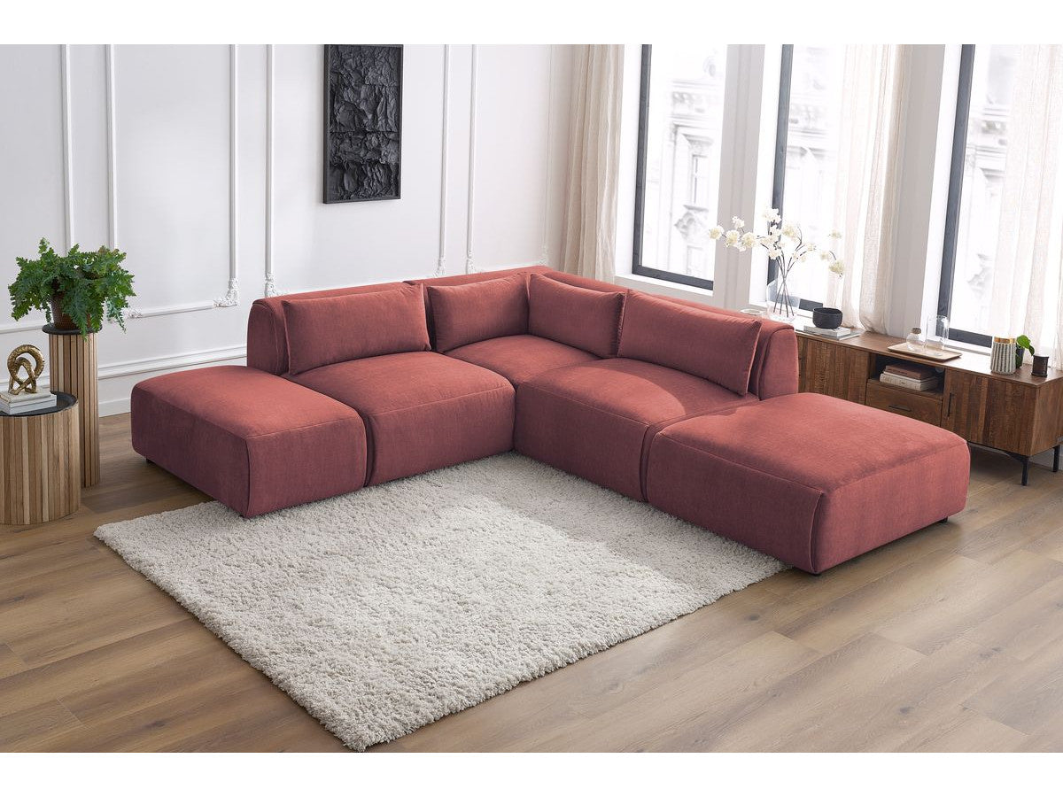 Modulaire vaste hoekbank JEANNE fluwelen stof met 2 chauffeuses, 1 hoek en 2 poefs