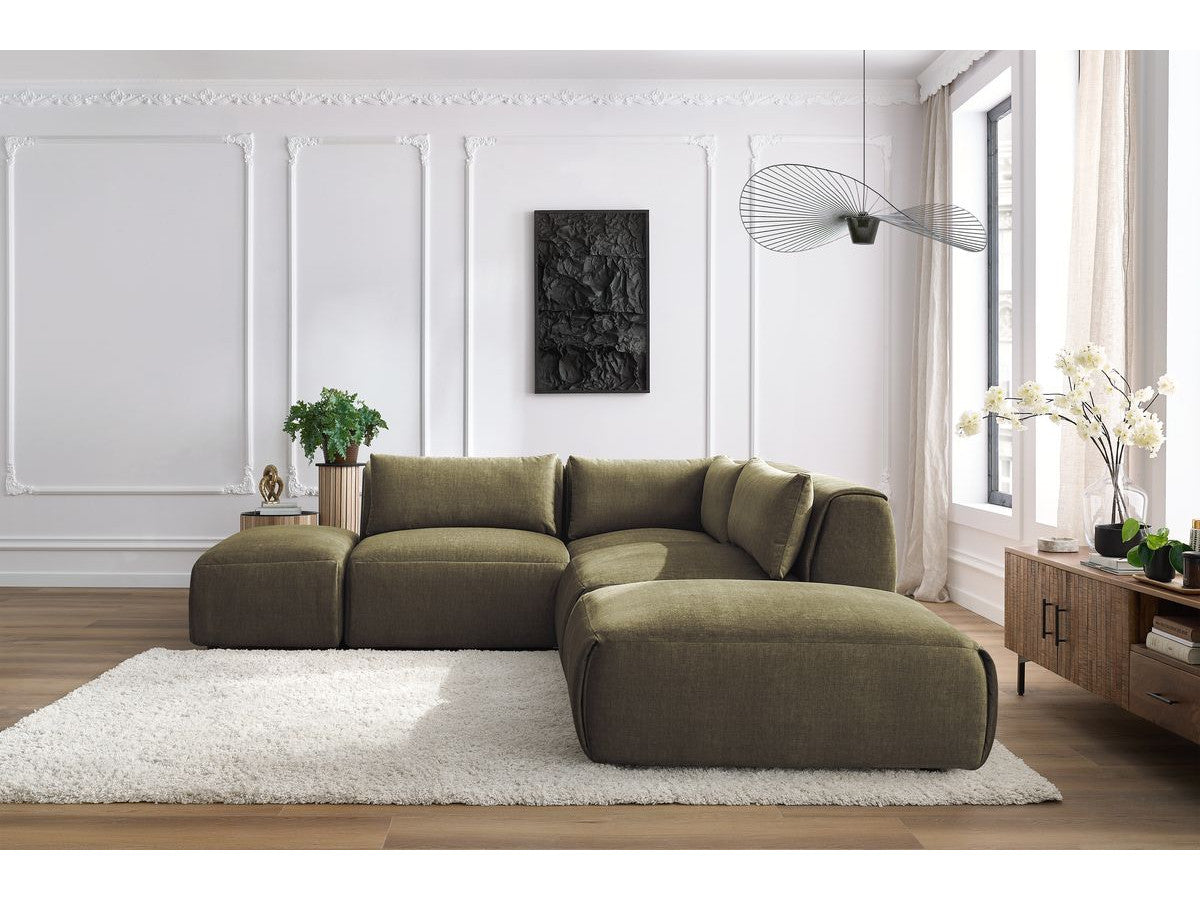 Modulaire vaste hoekbank JEANNE fluwelen stof met 2 chauffeuses, 1 hoek en 2 poefs
