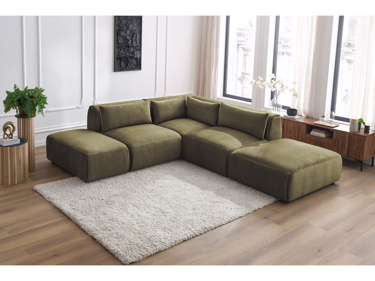 Modulaire vaste hoekbank JEANNE fluwelen stof met 2 chauffeuses, 1 hoek en 2 poefs