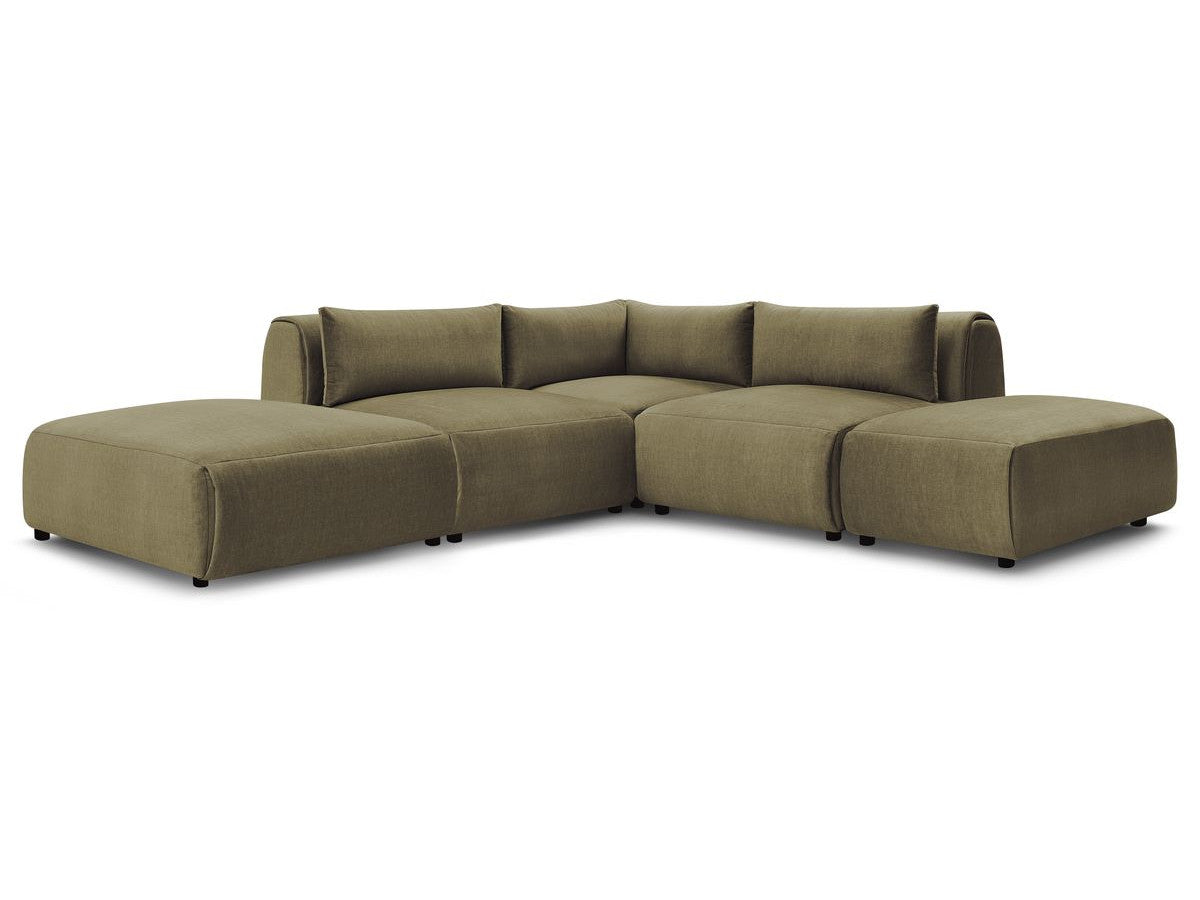 Modulaire vaste hoekbank JEANNE fluwelen stof met 2 chauffeuses, 1 hoek en 2 poefs