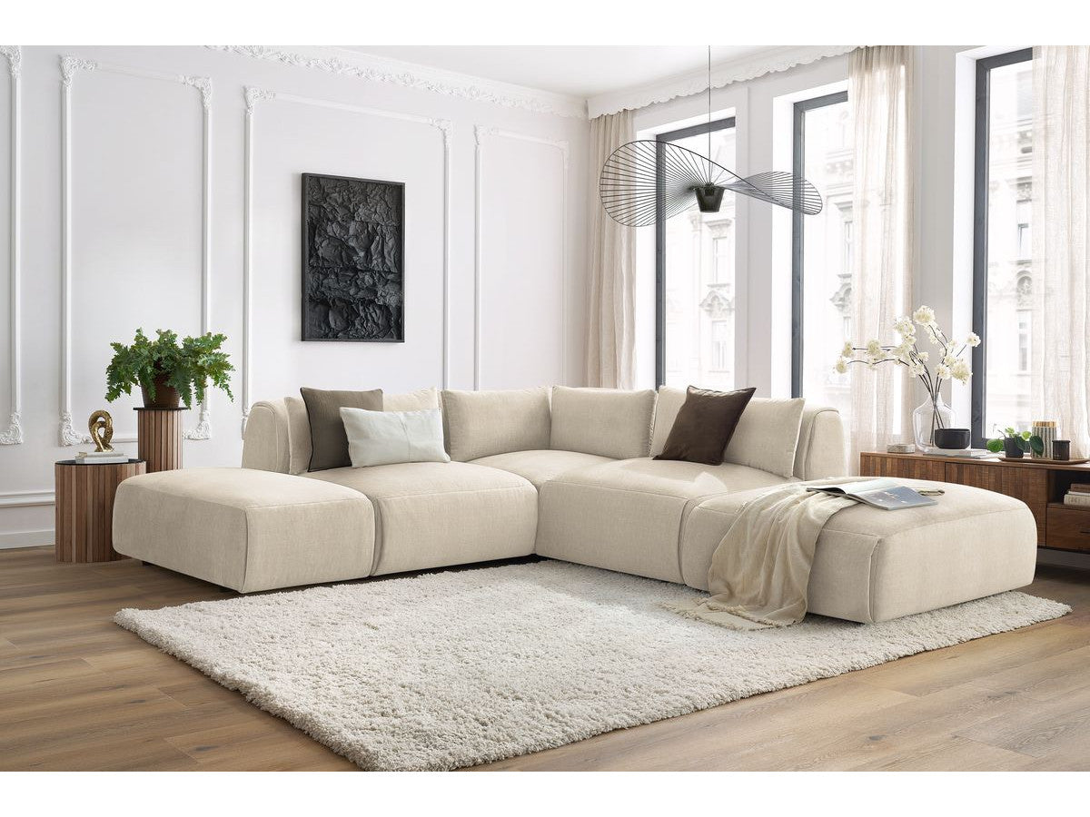 Modulaire vaste hoekbank JEANNE fluwelen stof met 2 chauffeuses, 1 hoek en 2 poefs