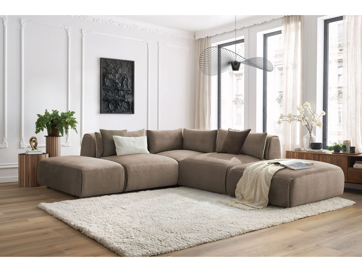 Modulaire vaste hoekbank JEANNE fluwelen stof met 2 chauffeuses, 1 hoek en 2 poefs