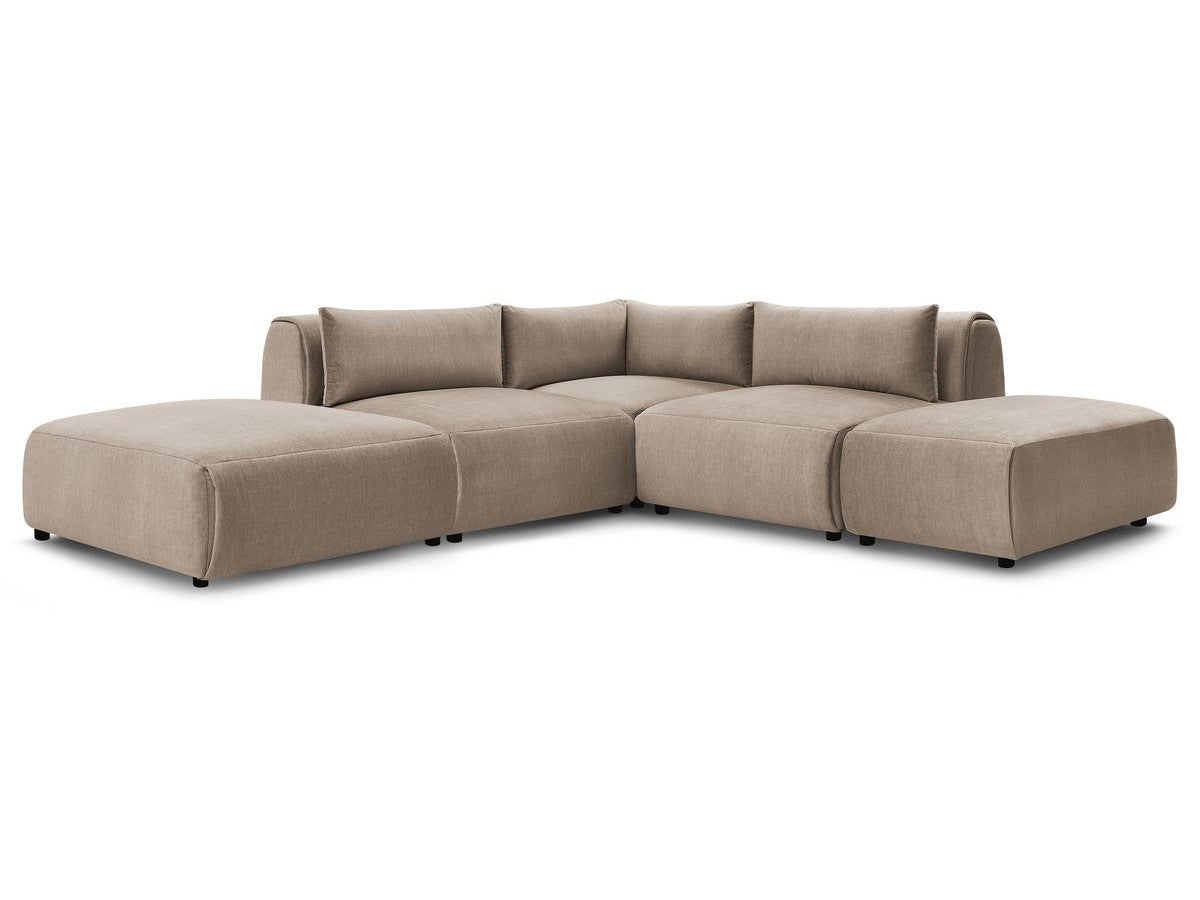Modulaire vaste hoekbank JEANNE fluwelen stof met 2 chauffeuses, 1 hoek en 2 poefs