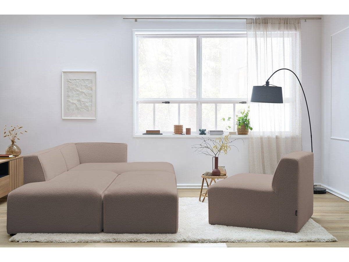Canapé d'angle fixe modulable MEGEVE tissu bouclette avec 1 chauffeuse et 1 pouf