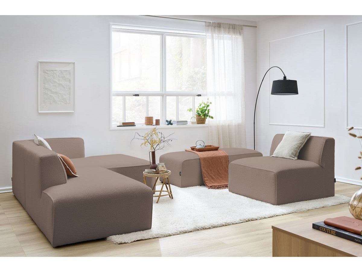 Canapé d'angle fixe modulable MEGEVE tissu bouclette avec 1 chauffeuse et 1 pouf