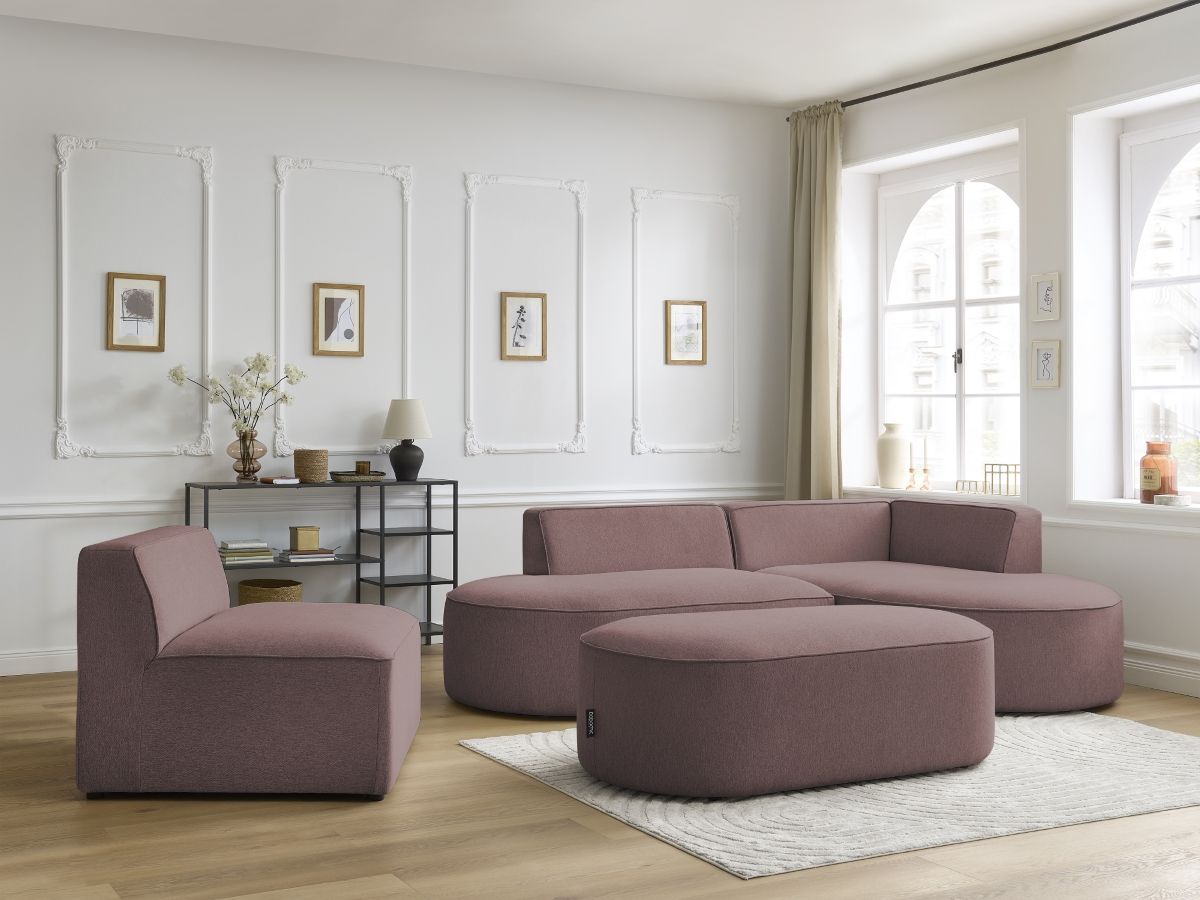 Vaste hoekbank ROUSSEAU in gemêleerde stof met 1 chaise longue en 1 poef