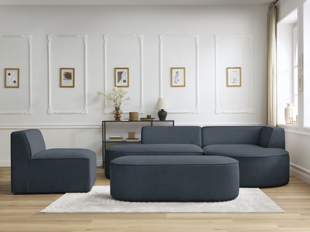 Vaste hoekbank ROUSSEAU in gemêleerde stof met 1 chaise longue en 1 poef