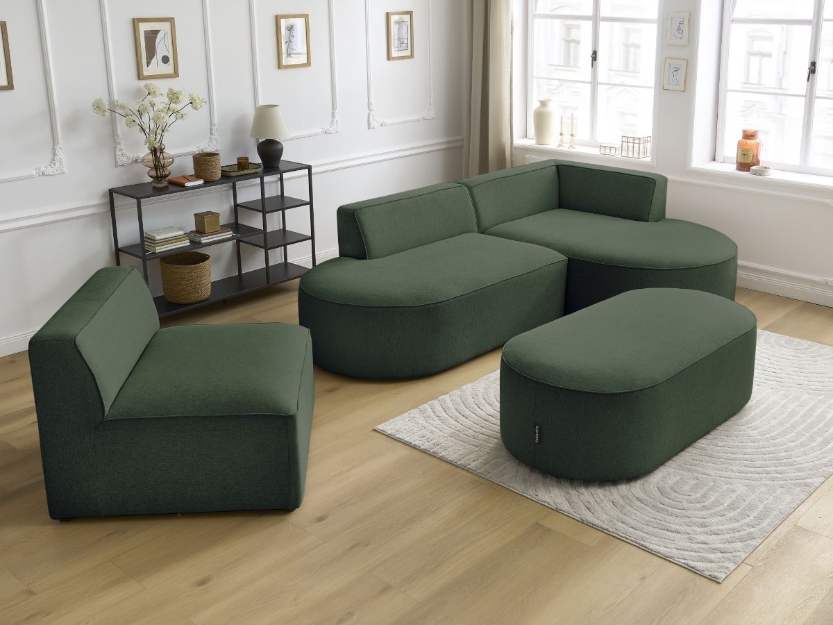 Vaste hoekbank ROUSSEAU in gemêleerde stof met 1 chaise longue en 1 poef