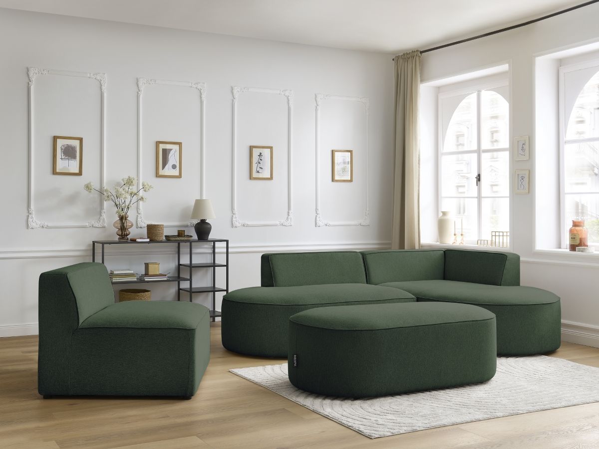 Vaste hoekbank ROUSSEAU in gemêleerde stof met 1 chaise longue en 1 poef