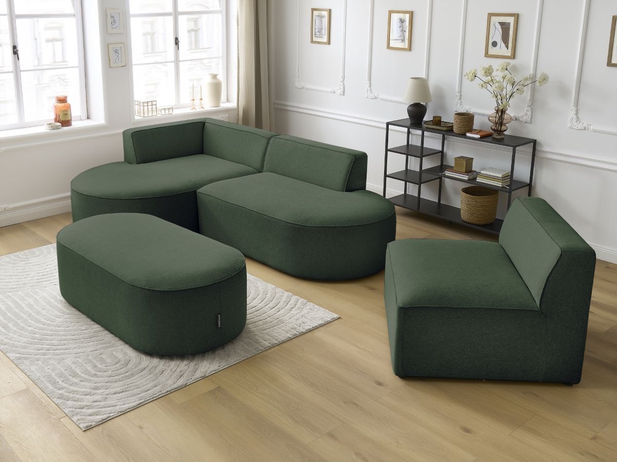 Vaste hoekbank ROUSSEAU in gemêleerde stof met 1 chaise longue en 1 poef