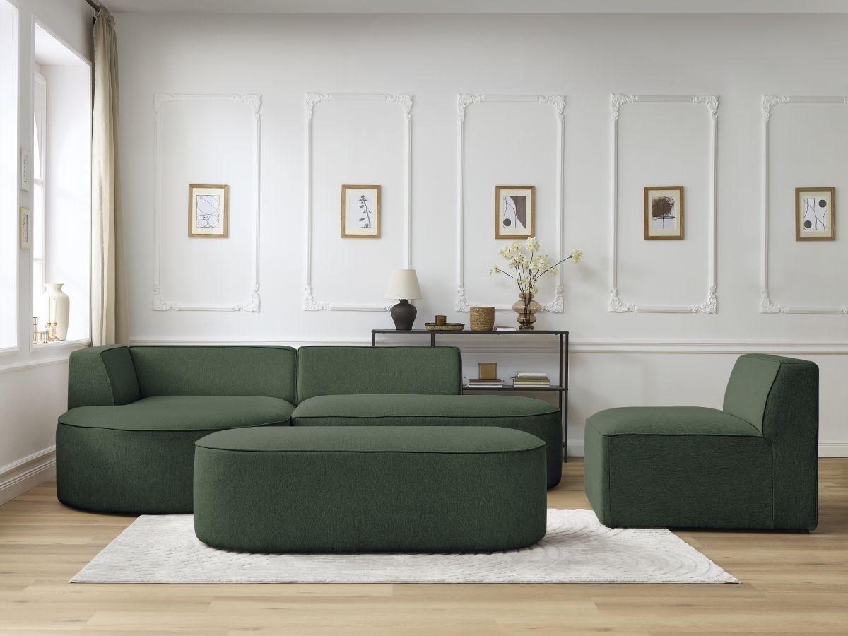Vaste hoekbank ROUSSEAU in gemêleerde stof met 1 chaise longue en 1 poef