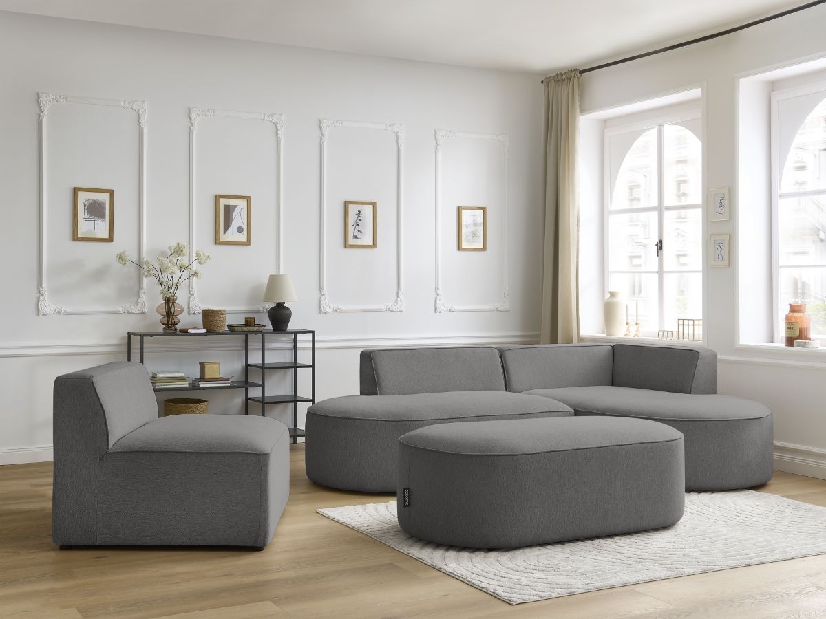 Vaste hoekbank ROUSSEAU in gemêleerde stof met 1 chaise longue en 1 poef