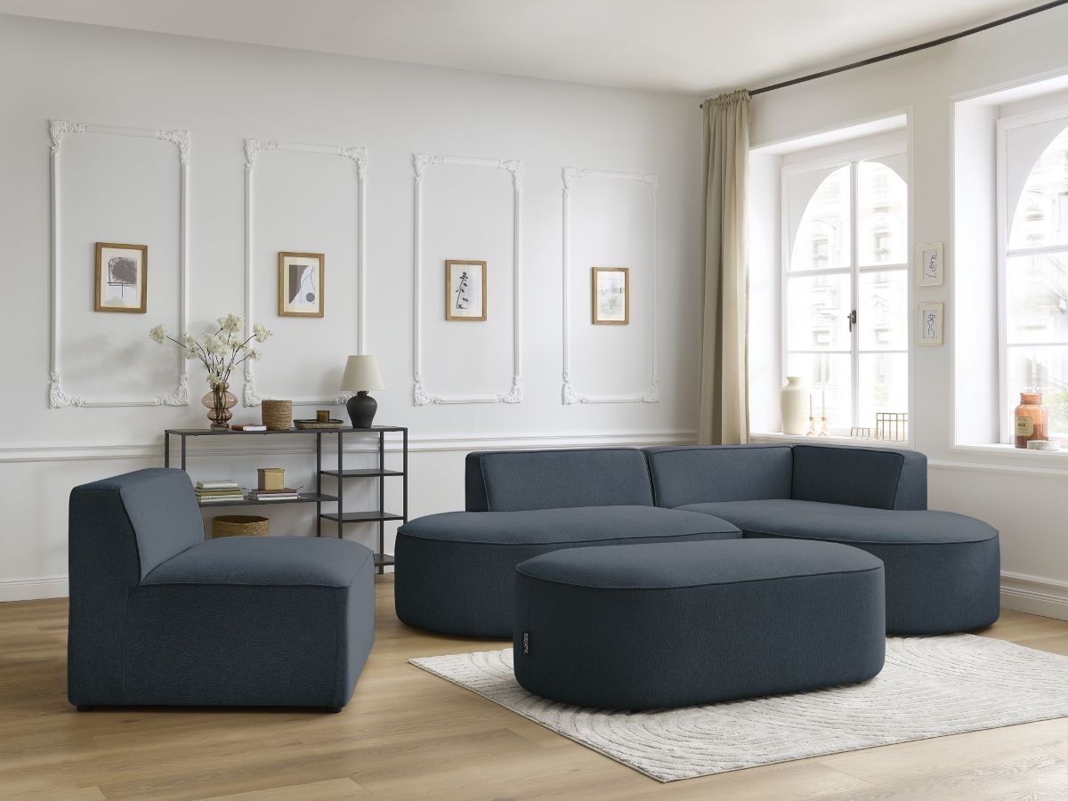 Vaste hoekbank ROUSSEAU in gemêleerde stof met 1 chaise longue en 1 poef