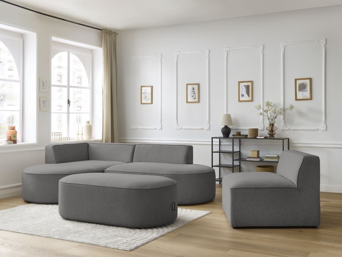 Vaste hoekbank ROUSSEAU in gemêleerde stof met 1 chaise longue en 1 poef