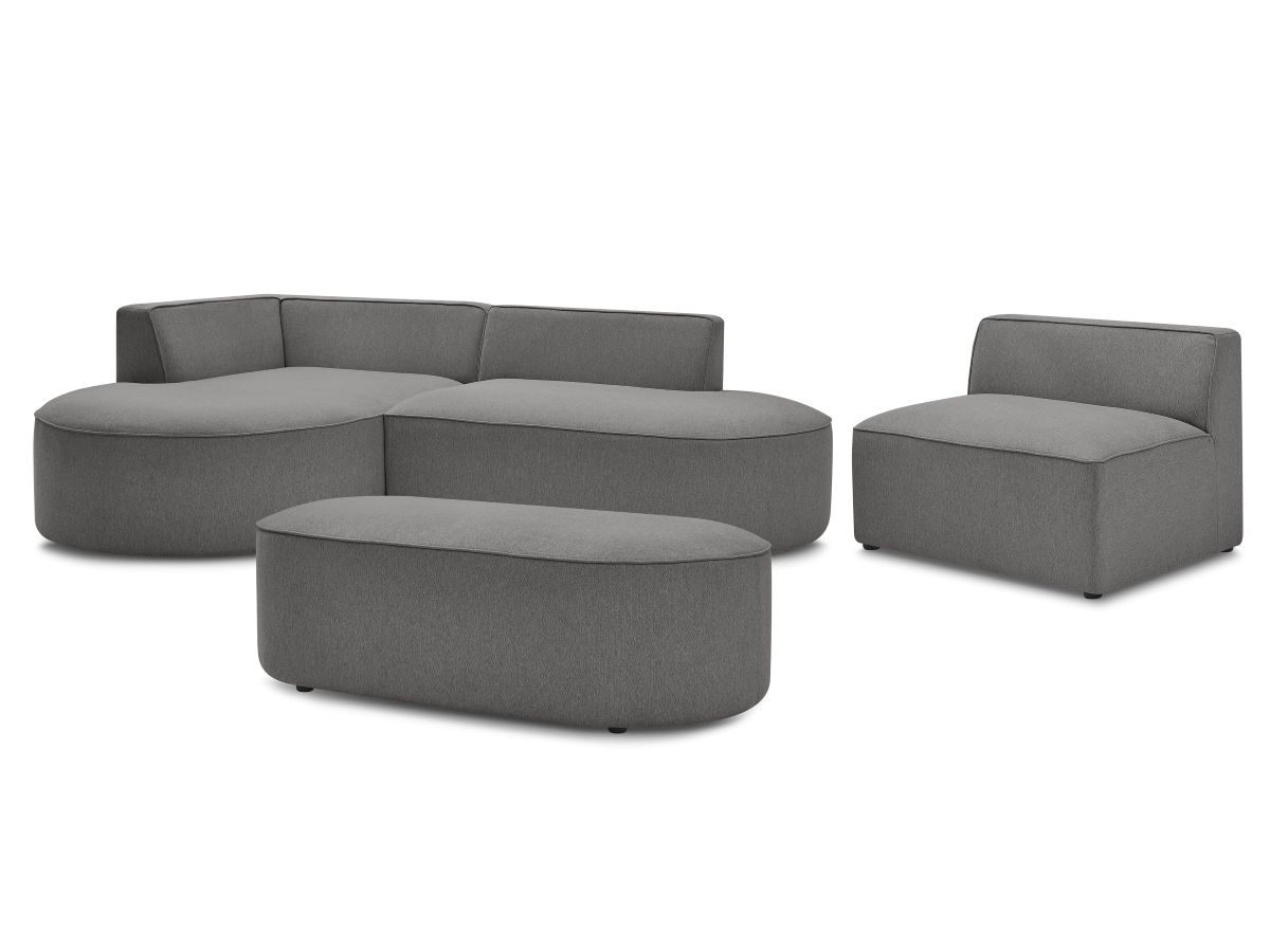 Vaste hoekbank ROUSSEAU in gemêleerde stof met 1 chaise longue en 1 poef