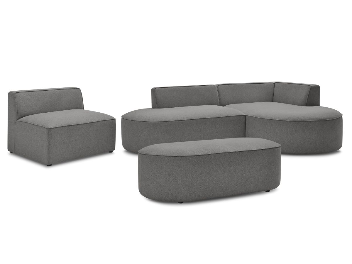 Vaste hoekbank ROUSSEAU in gemêleerde stof met 1 chaise longue en 1 poef