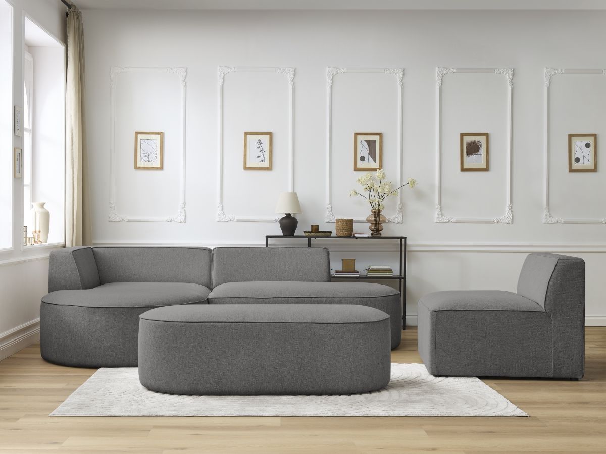 Vaste hoekbank ROUSSEAU in gemêleerde stof met 1 chaise longue en 1 poef