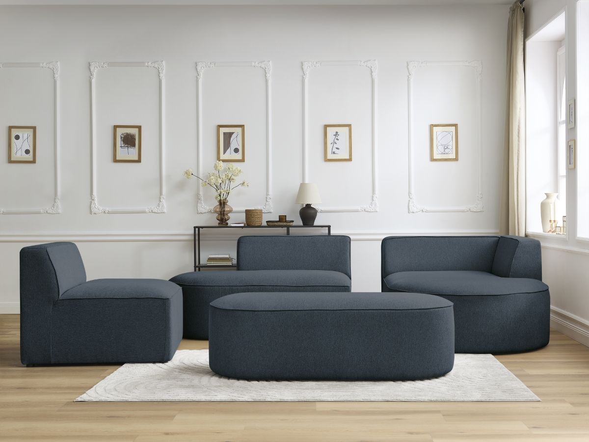 Vaste hoekbank ROUSSEAU in gemêleerde stof met 1 chaise longue en 1 poef