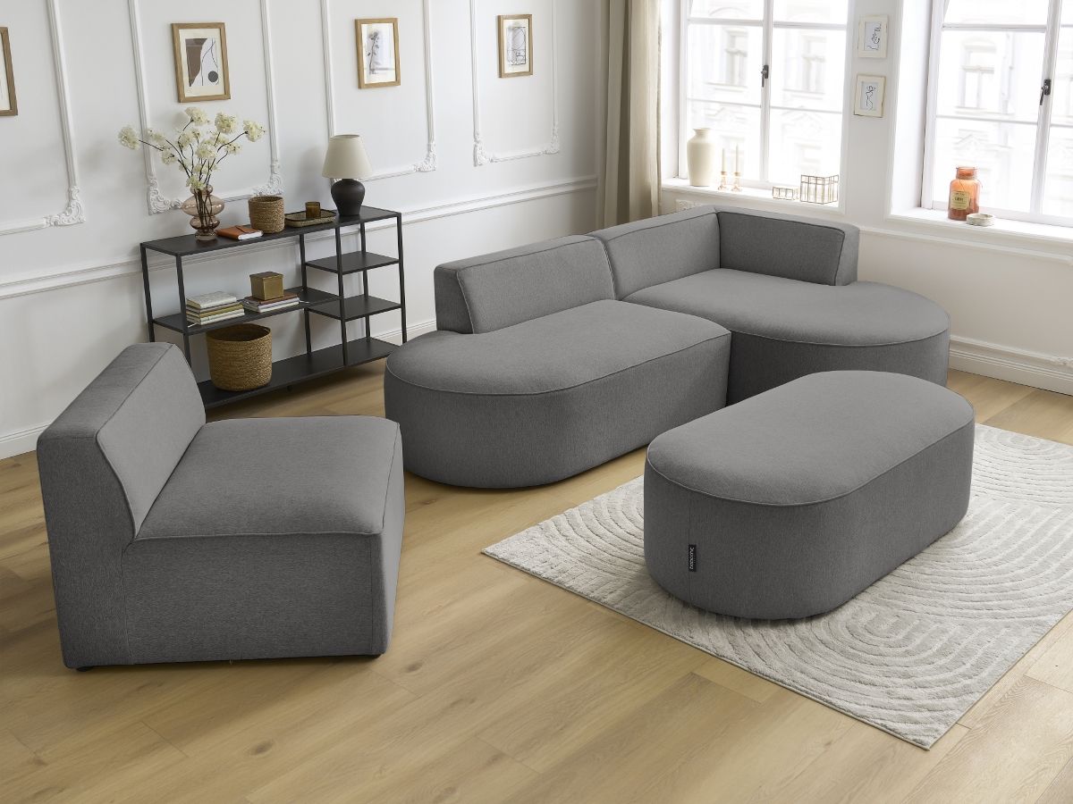 Vaste hoekbank ROUSSEAU in gemêleerde stof met 1 chaise longue en 1 poef