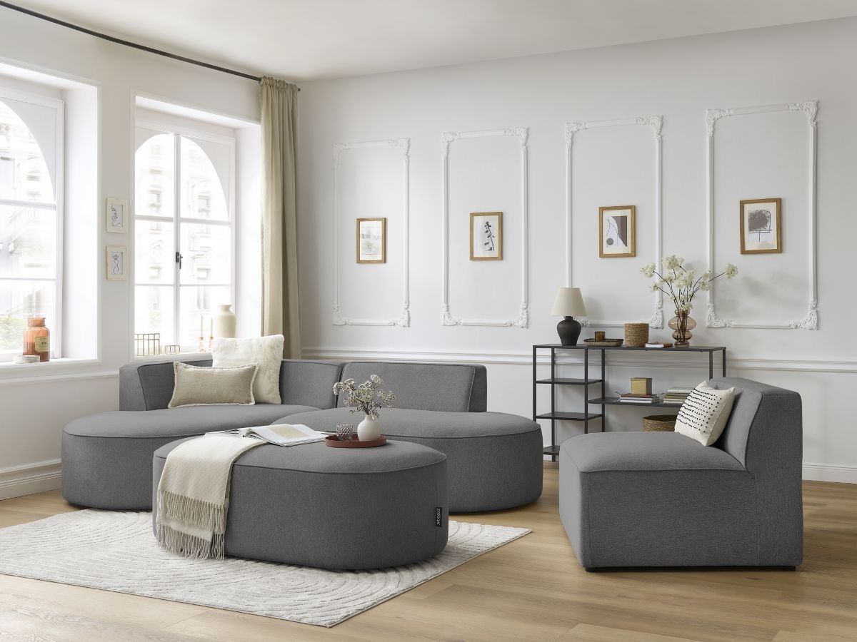 Vaste hoekbank ROUSSEAU in gemêleerde stof met 1 chaise longue en 1 poef