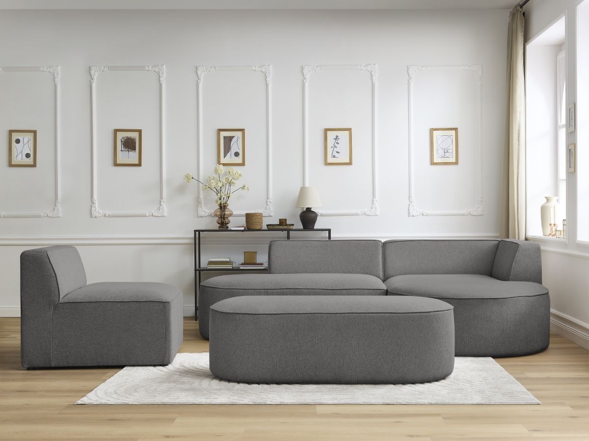 Vaste hoekbank ROUSSEAU in gemêleerde stof met 1 chaise longue en 1 poef