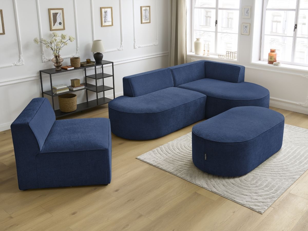 Vaste hoekbank ROUSSEAU met textuurstof met 1 chaise longue en 1 poef