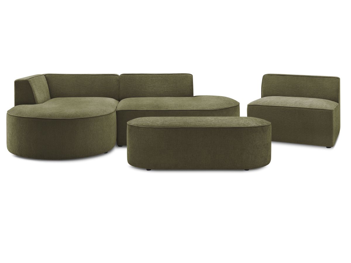 Vaste hoekbank ROUSSEAU met textuurstof met 1 chaise longue en 1 poef