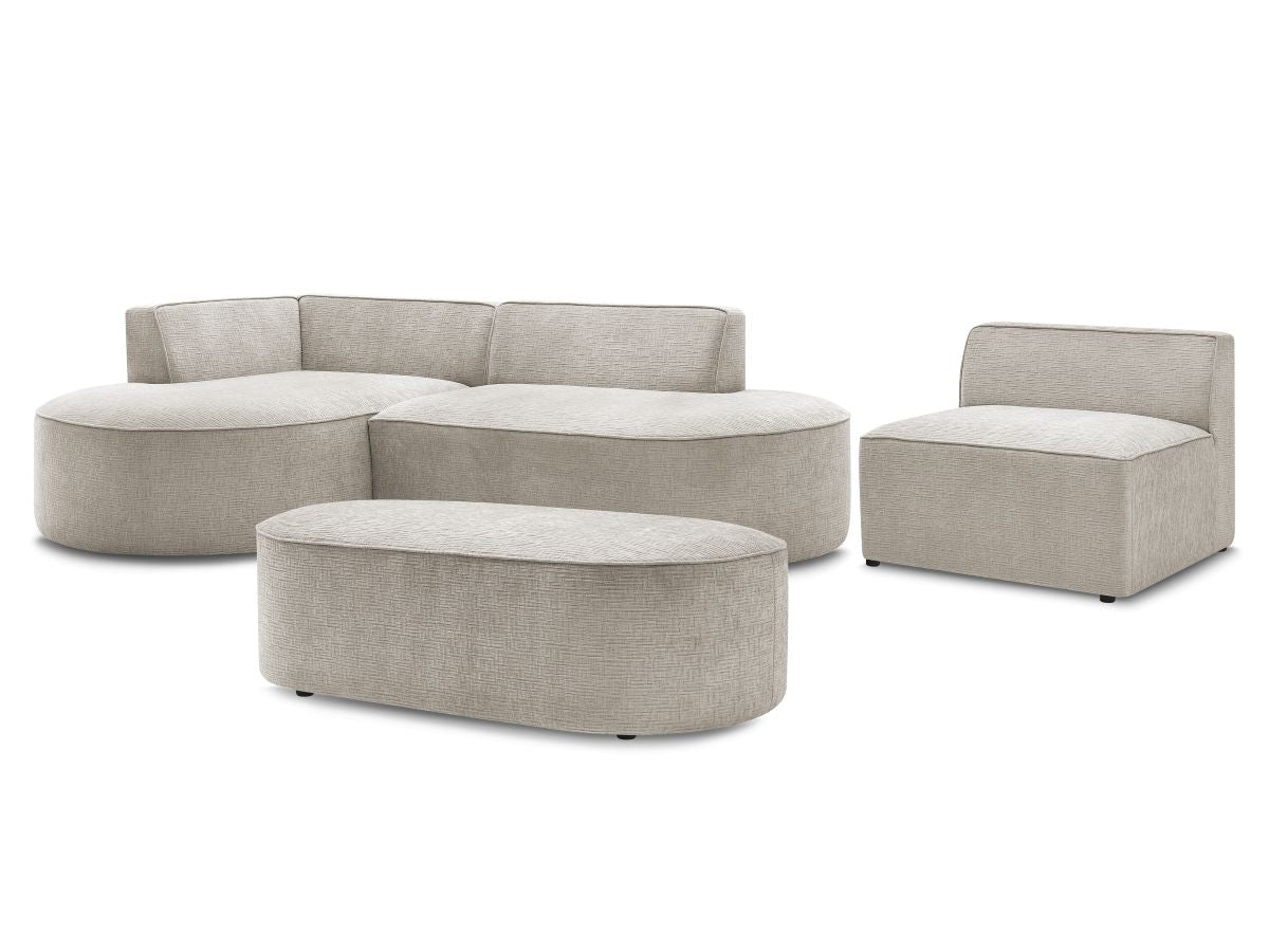 Vaste hoekbank ROUSSEAU met textuurstof met 1 chaise longue en 1 poef