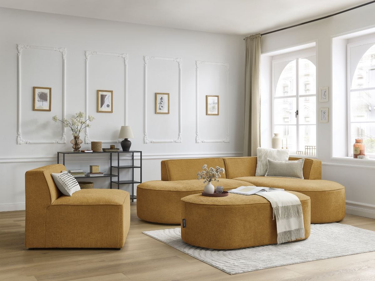 Vaste hoekbank ROUSSEAU met textuurstof met 1 chaise longue en 1 poef
