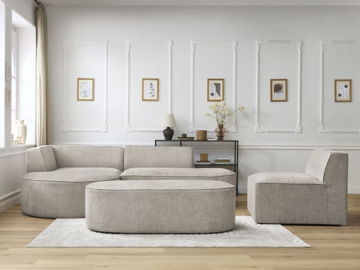 Vaste hoekbank ROUSSEAU met textuurstof met 1 chaise longue en 1 poef