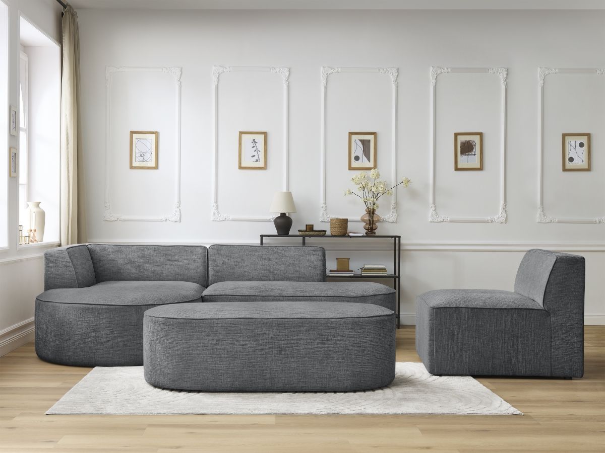 Vaste hoekbank ROUSSEAU met textuurstof met 1 chaise longue en 1 poef