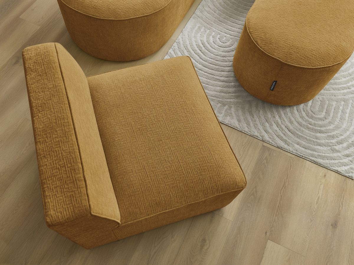 Vaste hoekbank ROUSSEAU met textuurstof met 1 chaise longue en 1 poef